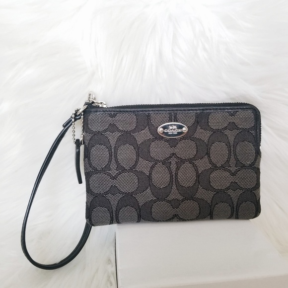 Coach Handbags - Coach | Black & Gray Signature Canvas Wristlet